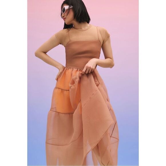NEW Anthropologie OhSevenDays Reversible Blush Tiered Sheer Midi Dress Small - Picture 2 of 8